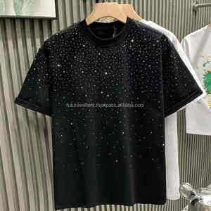 2025 Nueva camiseta personalizada con estampado de diamantes de imitación para hombres, camiseta informal con cuello redondo, moda Unisex Hip Hop, negro, 100% algodón recortado - Product Image 1