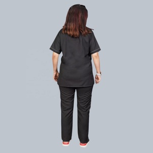 <b>Women</b> Black Doctor Scrub Set V-Neck <b>Top</b> Pants Hospital Uniform Woven Spandex/Polyester Seamless Fusing Needle Detection - Product Image 2