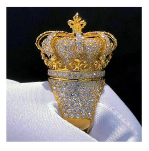 5 Ct Rond Réel Moissanite Hommes Roi Couronne Top Anneau Élégant 14k Or Jaune Plaqué Moissanite Anneaux pour Hommes et Femmes - Product Image 1