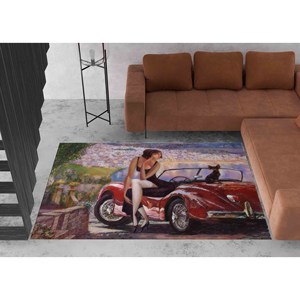 Alfombra Moderna con Estampado de Mujer con Auto Rojo, Alfombra de Chenilla - Product Image 4