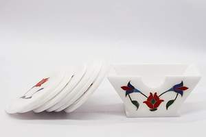 White Marble Inlay <b>Coaster</b> <b>Set</b> <b>with</b> Floral Design Artistic Round <b>Coasters</b> <b>with</b> <b>Holder</b> Elegant Drinkware for Home Decor - Product Image 2