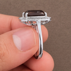 Emerald Cut Smoky <b>Quartz</b> Cocktail <b>Ring</b> 925 Sterling Silver Rhodium Plated Prong Setting Women's Luxury Geometric Engagement <b>Ring</b> - Product Image 2