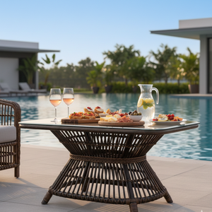 Table en rotin brun foncé, fabriquée à la main, écologique, durable, minimaliste, pour l'extérieur, salle à manger de style campagnard pour hôtel et salon - Product Image 2