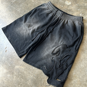 Short personnalisé pour hommes en éponge française délavé à l'acide Streetwear pantalon à coupe et couture en strass anti-rides et respirant - Product Image 2