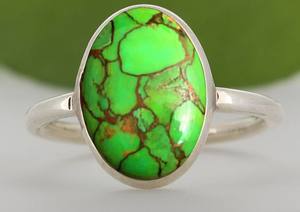Anillo de estilo clásico de Plata de Ley 925, piedra preciosa turquesa de cobre verde de corte ovalado para bodas, aniversarios, otros eventos especiales - Product Image 4