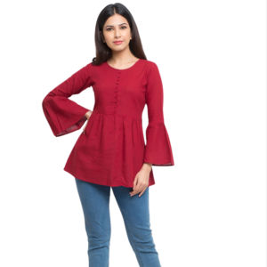 Haut en coton slub traditionnel pour femmes de style moderne, couleur marron, col rond, manches cloche, hauts en coton indien en gros - Product Image 1