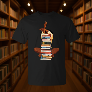 T-Shirt Promozionale Donna Nera con Pila di Libri e Ragazza Afro Amante dei Libri - Product Image 3