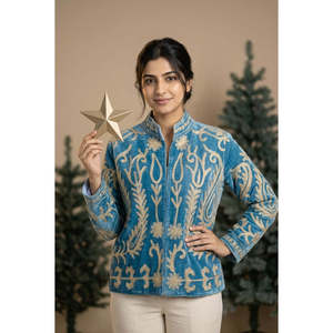 Suzani <b>Embroidered</b> Velvet <b>Jacket</b> <b>for</b> <b>Women</b>-Cerulean Blue Quilted Leather Trim Relaxed/Oversized Fit Handcrafted Jaipur Spring - Product Image 5