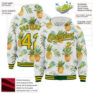 Qualité supérieure Personnalisé Blanc Or Vert Tropical Hawaii Fruit Ananas 3D Bomber Full-Snap Varsity Letterman Hoodie Jacket - Product Image 1