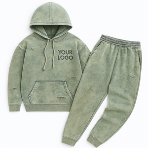 Custom Acid Wash Pullover Hoodie & Sweatpant Chándal Sun Faded Distressed Custom Logo Sets para Hombres Mujeres - Product Image 6