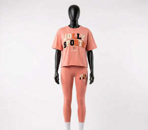 Ensemble t-shirt et legging femme en coton polyester spandex premium 230 GSM, couleur corail pêche, logo imprimé en relief - Product Image 6