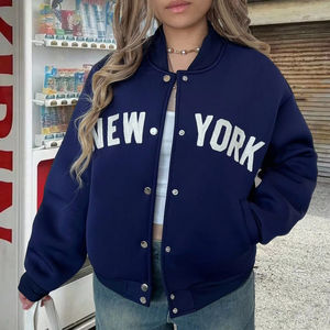 Veste universitaire décontractée d'hiver pour femmes, style sportif, broderie de lettres, logo New York, col montant teinté, devant ample - Product Image 1