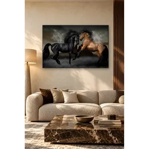 Impression sur toile de chevaux noirs et bruns de la race Fida dans un champ brumeux - Product Image 1