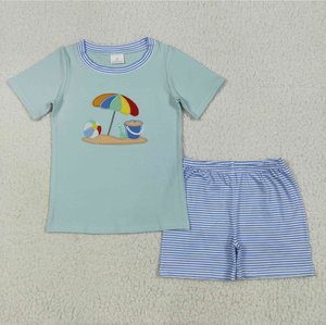 ชุดเสื้อผ้าเด็กชายหญิงลายปักชายหาด กางเกงขาสั้นลายทาง - Product Image 3