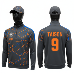 Sweat à capuche d'entraînement de football pour hommes 280 GSM en polyester interlock premium gris foncé avec empiècements bleus sur les épaules, motif par sublimation, logo personnalisé - Product Image 1