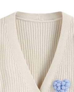 Manufacturer Custom Women White Knit <b>Cardigan</b> Sweater <b>With</b> Light Blue Heart Applique V Neck Button Front Cute Winter Fashion Top - Product Image 4