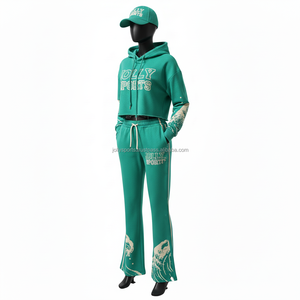 Ensemble de survêtement pour femme en molleton de coton mélangé de haute qualité 300 GSM, vert, avec sweat à capuche court et pantalon évasé, logo imprimé sur les panneaux, grandes tailles - Product Image 4