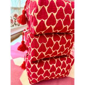 Red Heart Bohemian Corduroy Travel & Makeup Pouch Set of 3 Portable Organizer with Zipper Closure and Tassel Pattern - Product Image 1
