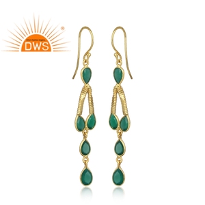 Best Selling Sterling Silver 18K Gold Plated Natural <b>Green</b> Onyx Gemstone Dangle Earring Demi Fine Jewelry Manufacturer - Product Image 4