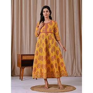 Vestido de algodón amarillo con estampado Butta Block, estilo bohemio, largo hasta el suelo, con botones, informal, para oficina, talla 5XL, transpirable, ODM para club - Product Image 4