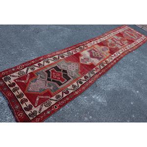 Turkish Vintage Herki <b>Runner</b> Rug 2.7x13.3 ft, <b>Red</b> Striped Rug Wool - Product Image 2