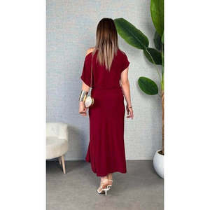 Robe longue décontractée Jane's pour femme, à manches courtes, asymétrique, taille élastique, couleur bordeaux, idéale pour l'été et les vacances à la plage - Product Image 4