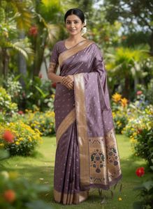 Sari en soie pure Dhwaja Export, douce et élégante, 5,50 mètres de long, avec blouse, motif gaufré Zari Meena Butti - Product Image 2