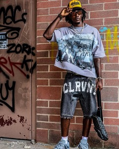 Short en jean streetwear personnalisé patch de broderie vieilli jorts évasés en strass shorts en jean pour hommes - Product Image 6