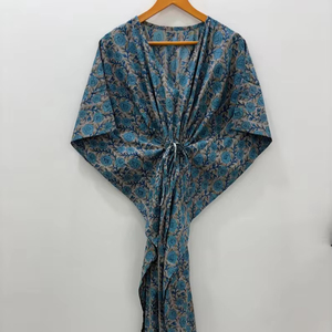 Caftan en coton à fleurs blanc indien pour femmes longueur au sol bloc de main imprimé vêtements de nuit Maxi Kimono haut court couverture de plage Hippie - Product Image 1