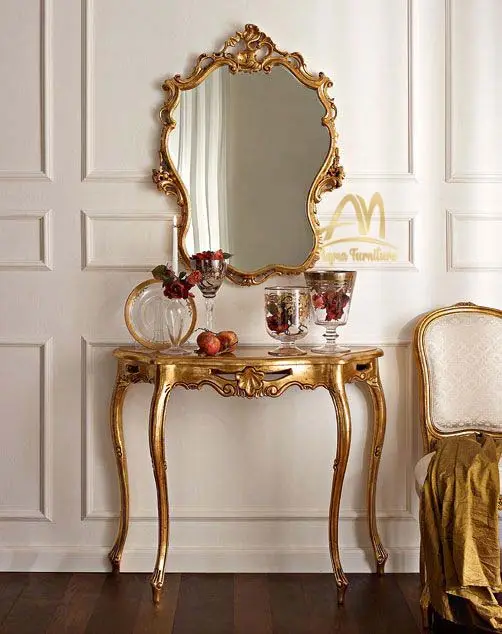 Konsol masa ayna ile İtalyan tarzı katı ahşap altın renk katı ahşap oturma odası mobilya için yüksek kalite ucuz
