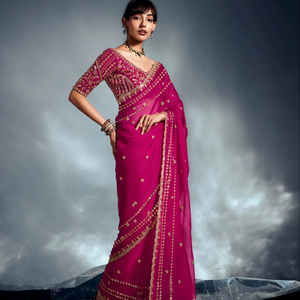 Sari de Fiesta para Mujer, Ropa de Boda, Nuevo Diseño, Bordado, Trabajo a Mano en el Borde y el Cuerpo, Moti, Cutdana, Lentejuelas - Product Image 1
