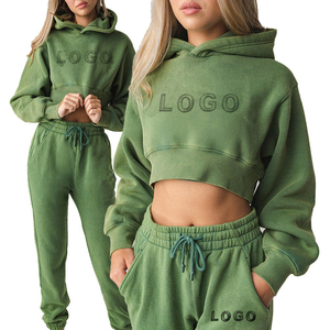 Sudadera con estampado liso de Terry francés de algodón de alta calidad, Top corto con logotipo personalizado, sudaderas con capucha para mujer - Product Image 1