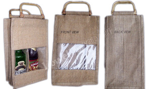 Eco-Friendly Jute Wine <b>Bottle</b> Holder Gift <b>Bag</b> Cane Handle Rustic Elegant Design Geometric Pattern Small Size Lowellcraft - Product Image 2