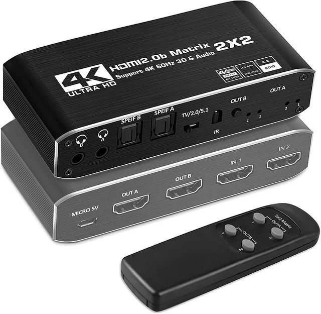 SYONG HDMI Matrix Switch 4K60Hz 2x2 Optical Audio Extractor, HDMI Video Switch, Auto Upgrade,HDMI 2.0b/HDCP 2.2,RGB 8:8:8,HDR,3D