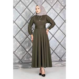 Vestido Hijab con cinturón abotonado caqui para niñas y damas, bata tradicional de lujo con opción de talla grande para el verano - Product Image 1