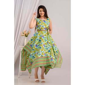 Robe longue élégante Chartreuse à imprimé floral, sans manches, ourlet asymétrique, taille naturelle, respirante et écoresponsable, idéale pour les sorties en club - Product Image 3