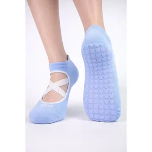 Blue Pilates Yoga Ankle Soles Non-Slip <b>Silicone</b> Breathable Jacquard Print Thin Nylon Sole One Size Fits All for Daily Use Winter - Product Image 1