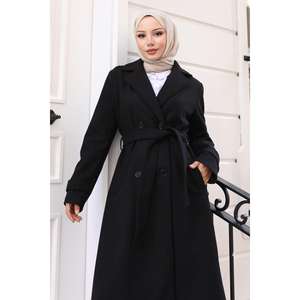 Manteau en laine noir pour femme avec ceinture, collection 19271, manteaux élégants en duvet - Product Image 2