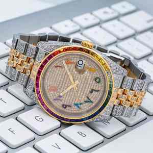 Nuevo Lanzamiento, Edición Limitada, Reloj de Cuero Premium con Diamantes de Moissanita de Dos Tonos, Colorido, con Números Arábigos Baggett, Analógico, Completamente Engastado - Product Image 1