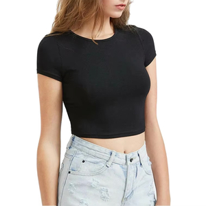 เสื้อครอปท็อปผู้หญิง ผ้าฝ้ายถัก 100% สีดำ คอกลม เสื้อยืดครอปท็อปสำหรับผู้ใหญ่ ใส่ได้ในฤดูร้อน - Product Image 2