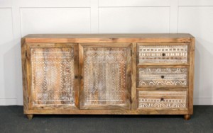 <b>Rustic</b> Solid Mango Wood <b>Sideboard</b> Carved Distressed Two Doors Three Drawers for Living Room Farmhouse Kitchen Bedroom Storage - Product Image 3