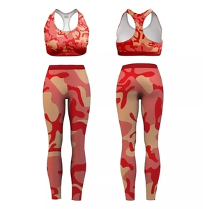 Red Solid Bandage Yoga <b>Set</b> 2 Piece Sports Bra and Leggings High Waist Full Length Racerback Short Four Way Stretch - Product Image 3