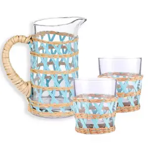 New product set of 3 customized size seagrass cup holder cute blue pastel seagrass wrapped glass Koi