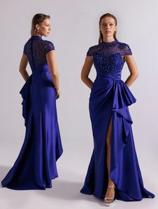 Elegante Vestido de Noche Azul Satinado Estilo Sirena con Manga Casquillo, Corpiño con Lentejuelas, Cintura Natural, Transpirable, Largo hasta el Suelo y con Abertura - Product Image 1