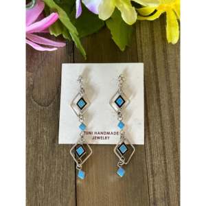 Zuni Made Opal & Sterling <b>Silver</b> Post Dangle <b>Earrings</b>-Geometric Drop <b>Earrings</b> <b>for</b> Gifting - Product Image 1