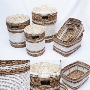 Natural Banana Bark Recycled <b>Plastic</b> <b>Basket</b> Set White Stripe Laundry Hamper With Lid Organizer Bin Setup Pure Art Room Decor Art - Product Image 2