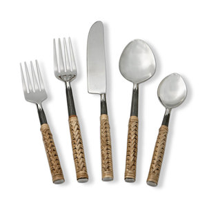 Ensemble de couverts de salle à manger élégants et naturels avec poignée en bambou, ustensile réutilisable pour le service de gâteaux, boîte emballée, service pour 5 personnes - Product Image 1