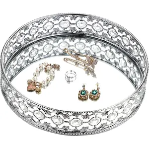 Plateau en métal à motif de fleurs artisanales exquises Utiliser un plateau rond de qualité supérieure avec texture d'étoile gravée Zahid Exporte l'Inde - Product Image 1