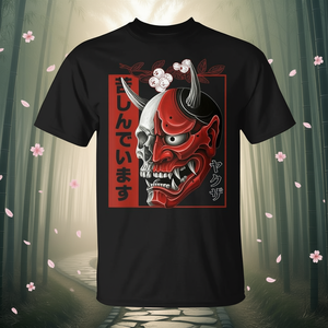 T-shirt con estetica giapponese, grafica scheletro Hannya Noh Mask Oni, abbigliamento promozionale in stile giapponese - Product Image 3