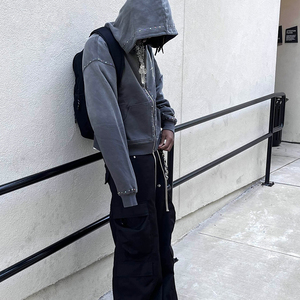 Sweat à capuche personnalisé avec rivet strass Vintage dégradé lavage à l'acide coton éponge français veste polaire zippée en détresse Streetwear à capuche - Product Image 3